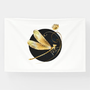 Golden dragonfly in black circle banner
