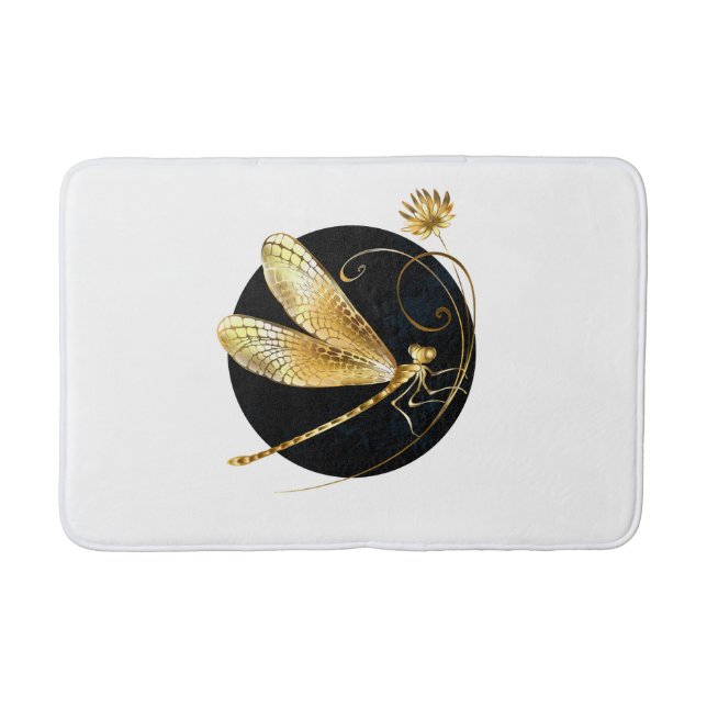 Golden dragonfly in black circle bath mat (Front)
