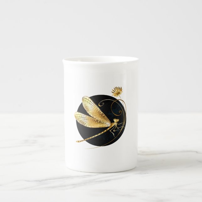 Golden dragonfly in black circle bone china mug (Front)