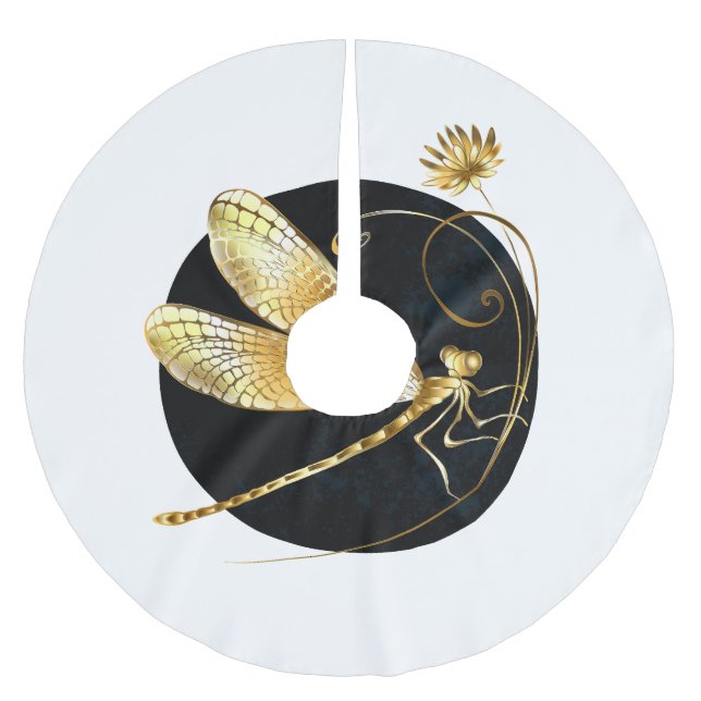 Golden dragonfly in black circle brushed polyester tree skirt (Front)
