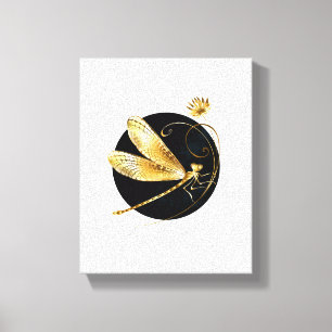 Golden dragonfly in black circle canvas print