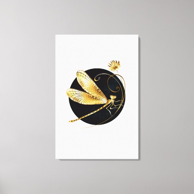 Golden dragonfly in black circle canvas print (Front)