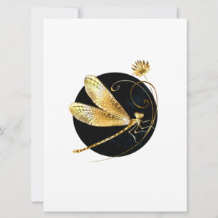 Golden dragonfly in black circle card