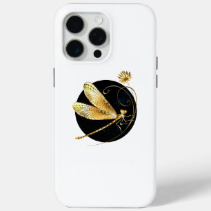 Golden dragonfly in black circle iPhone 15 pro max case