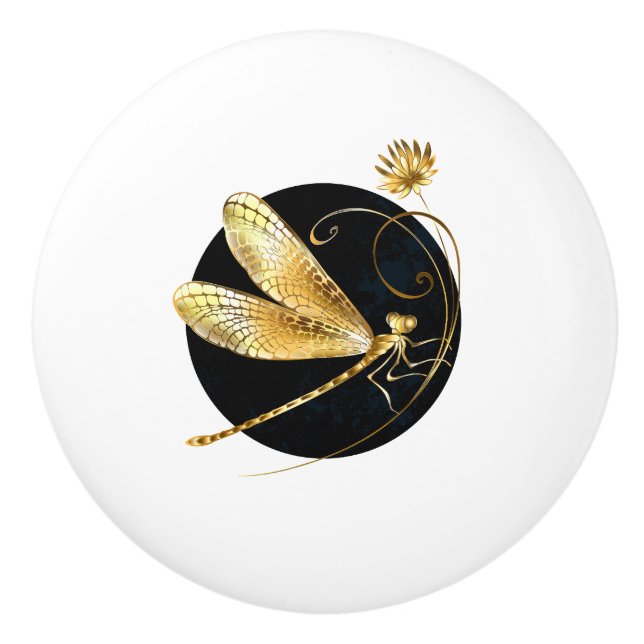 Golden dragonfly in black circle ceramic knob (Front)