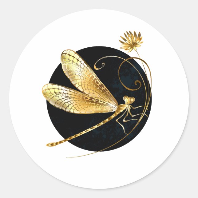 Golden dragonfly in black circle classic round sticker (Front)