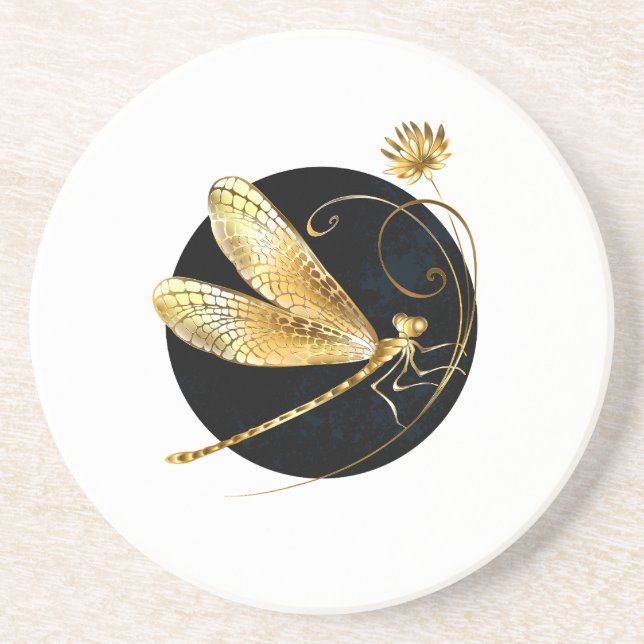 Golden dragonfly in black circle coaster (Front)