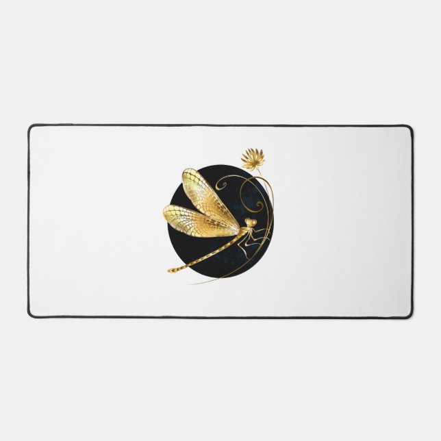 Golden dragonfly in black circle desk mat (Front)