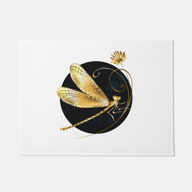 Golden dragonfly in black circle doormat (Front)