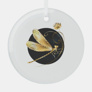 Golden dragonfly in black circle glass tree decoration