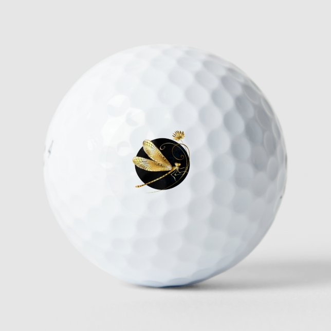 Golden dragonfly in black circle golf balls (Front)