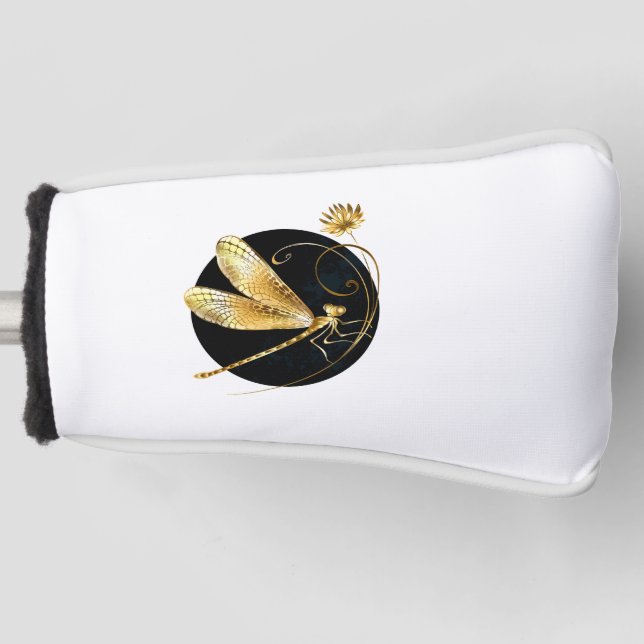 Golden dragonfly in black circle golf head cover (Front)