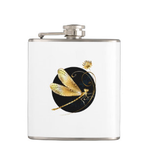 Golden dragonfly in black circle hip flask