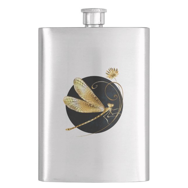 Golden dragonfly in black circle hip flask (Front)