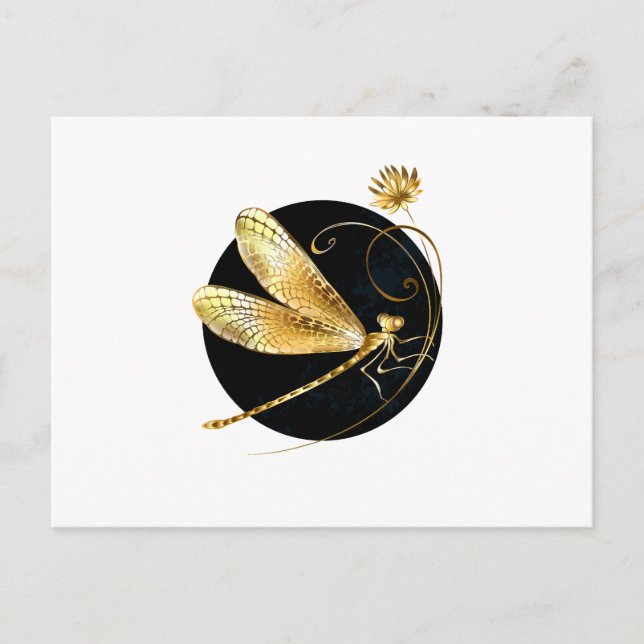 Golden dragonfly in black circle invitation postcard (Front)