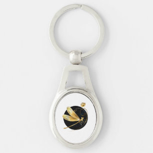Golden dragonfly in black circle key ring