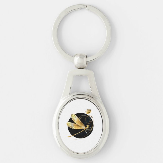 Golden dragonfly in black circle key ring (Front)
