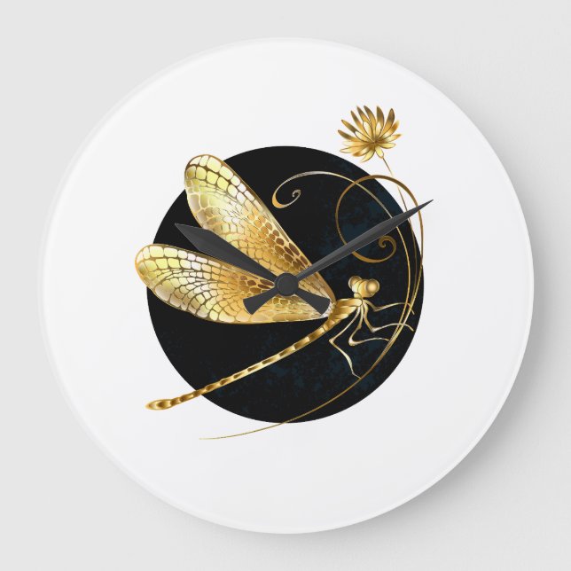 Golden dragonfly in black circle large clock (Front)