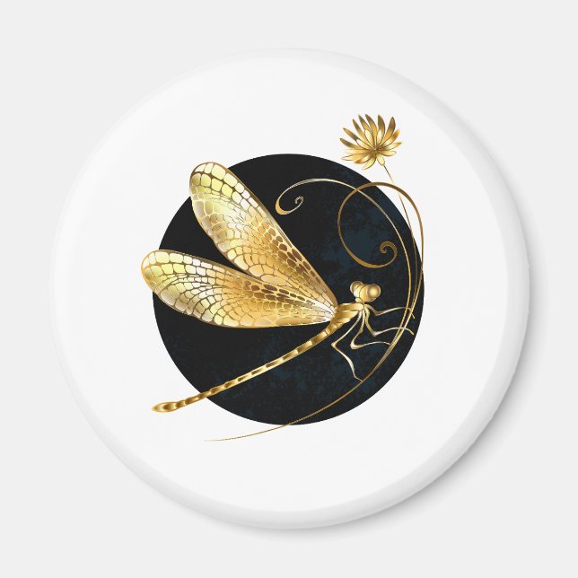 Golden dragonfly in black circle magnet (Front)