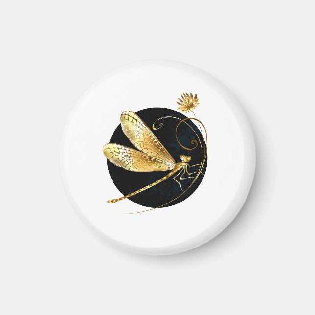 Golden dragonfly in black circle magnet (Front)