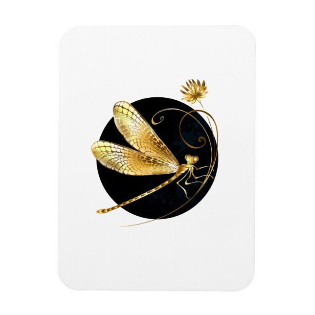 Golden dragonfly in black circle magnet (Vertical)