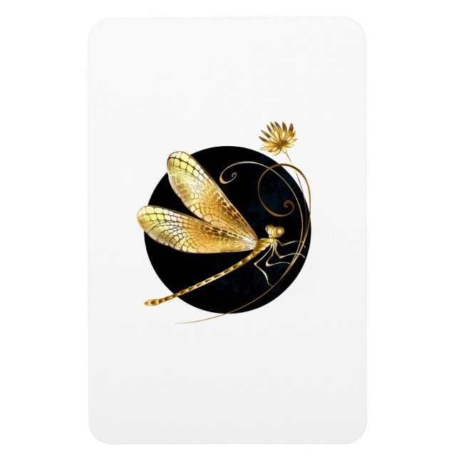Golden dragonfly in black circle magnet (Vertical)