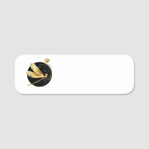 Golden dragonfly in black circle name tag