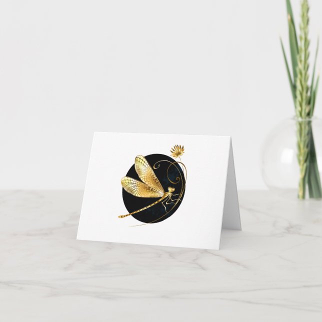 Golden dragonfly in black circle note card (Front)