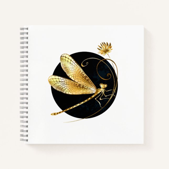 Golden dragonfly in black circle notebook (Front)