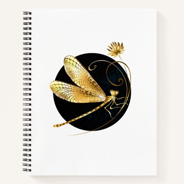 Golden dragonfly in black circle notebook (Front)