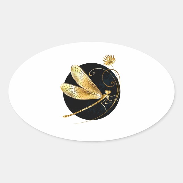 Golden dragonfly in black circle oval sticker (Front)