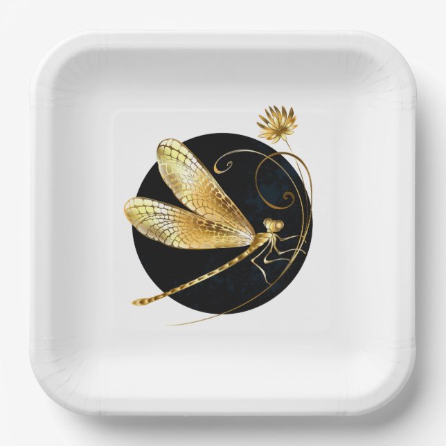 Golden dragonfly in black circle paper plate (Front)