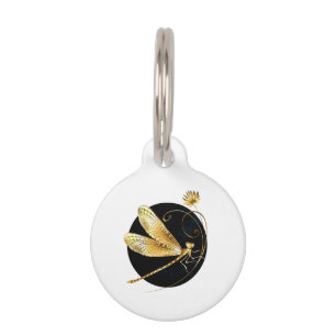 Golden dragonfly in black circle pet tag