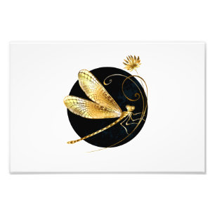Golden dragonfly in black circle photo print