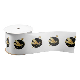 Golden dragonfly in black circle satin ribbon