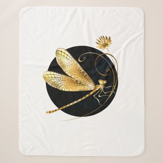 Golden dragonfly in black circle sherpa blanket (Front)