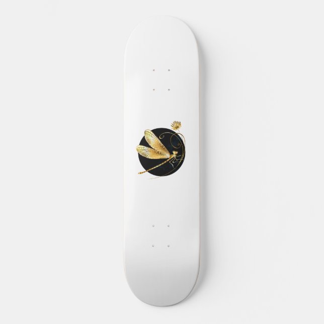 Golden dragonfly in black circle skateboard (Front)