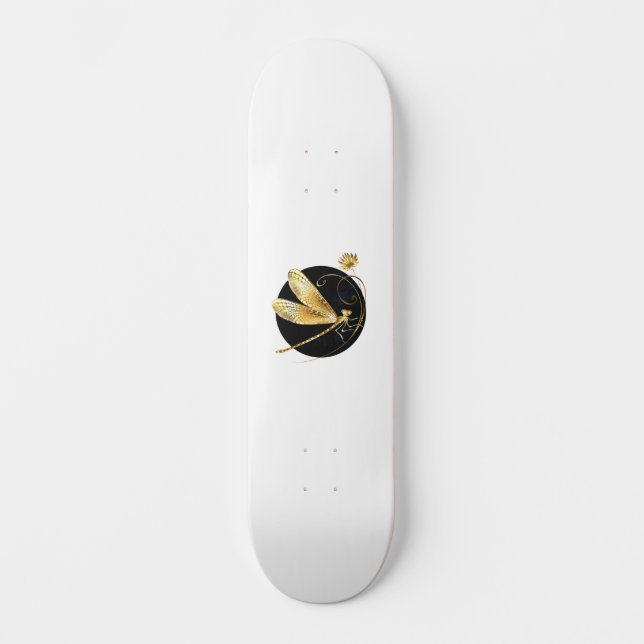 Golden dragonfly in black circle skateboard (Front)