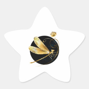 Golden dragonfly in black circle star sticker