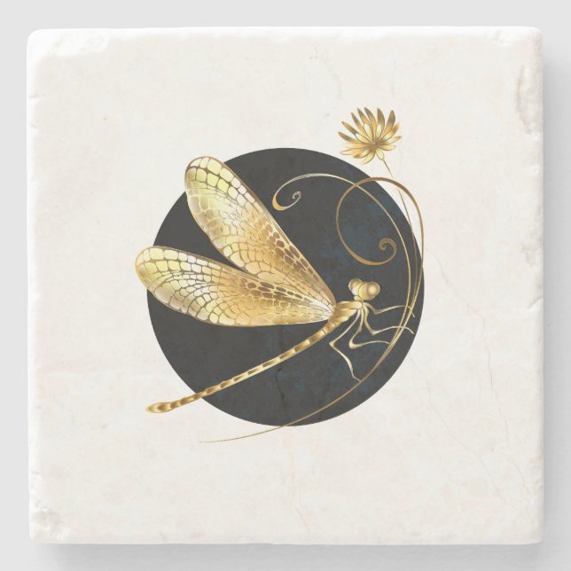 Golden dragonfly in black circle stone coaster (Front)
