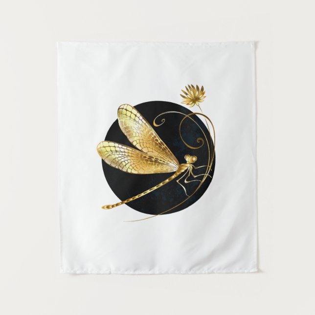 Golden dragonfly in black circle tapestry (Front)