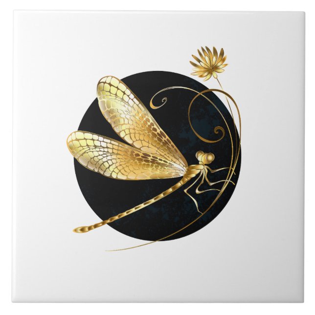 Golden dragonfly in black circle tile (Front)