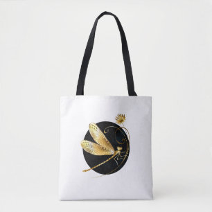 Golden dragonfly in black circle tote bag