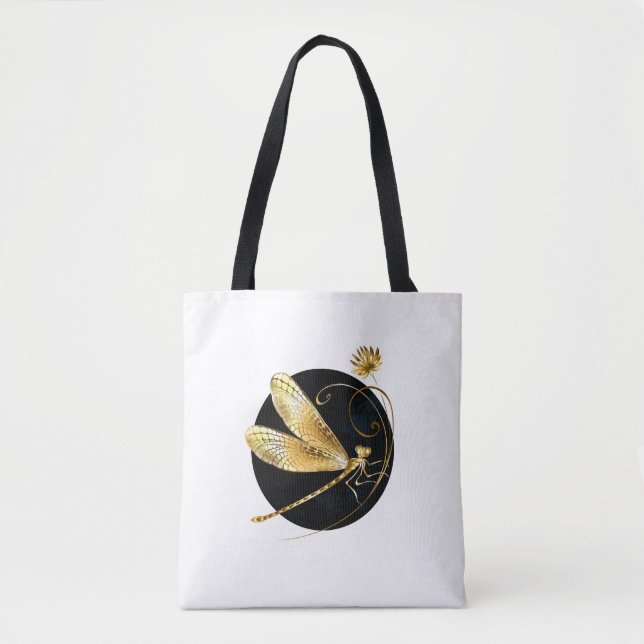 Golden dragonfly in black circle tote bag (Front)