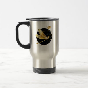 Golden dragonfly in black circle travel mug