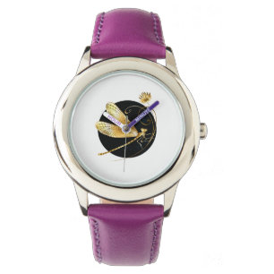 Golden dragonfly in black circle watch