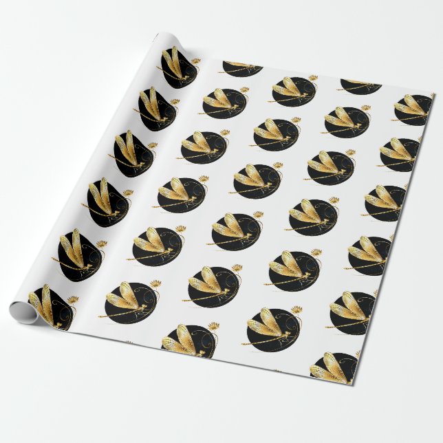 Golden dragonfly in black circle wrapping paper (Unrolled)