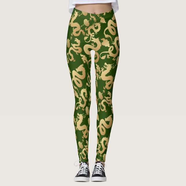 Golden Dragons Pattern D Green BG Leggings (Front)