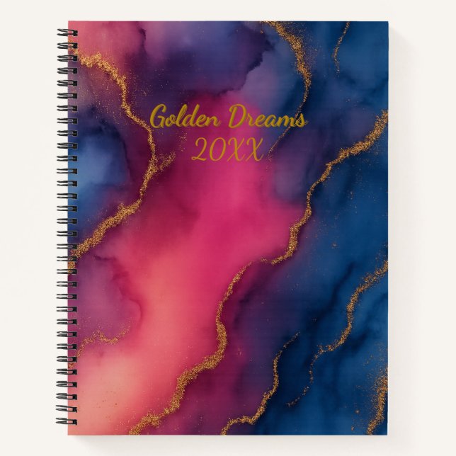 Golden Dreams Pink Blue Gold Marble Notebook (Front)