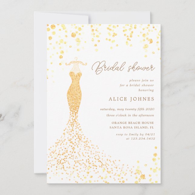 golden dress bridal shower invitation (Front)